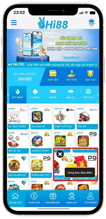 Bước 1: Chọn "Hồng Bao May Mắn" có tại trang chủ